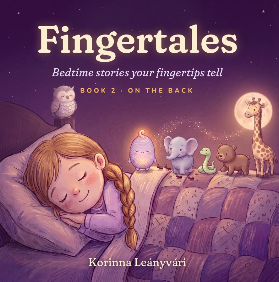 Cover of Fingertales Book 2, On the Back: a child sleeping on their tummy while the Dream Keeper rides a parent's fingertip, with a little snake and elephant nearby