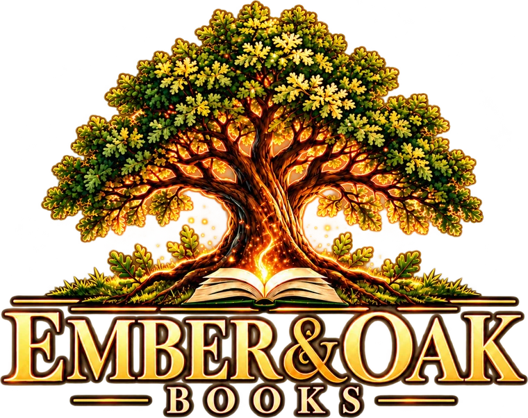 Ember & Oak Books logo: an old oak tree growing from an open book, with a small flame rising from its pages