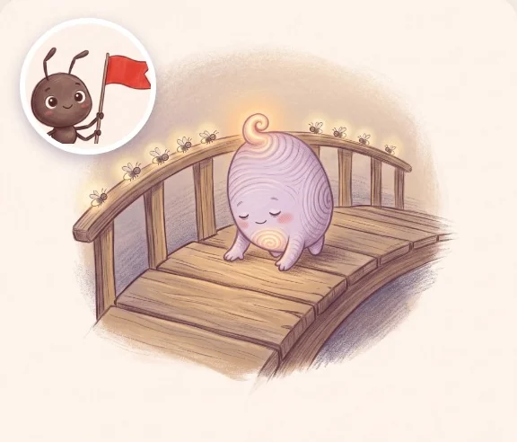 The red-flag ant and the Dream Keeper crossing a little wooden bridge lit by fireflies